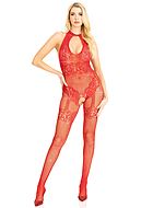 Elegantes Bodystocking, Netz, Strasssteine, offener Schritt, Schlüsselloch, Stockings-Imitation